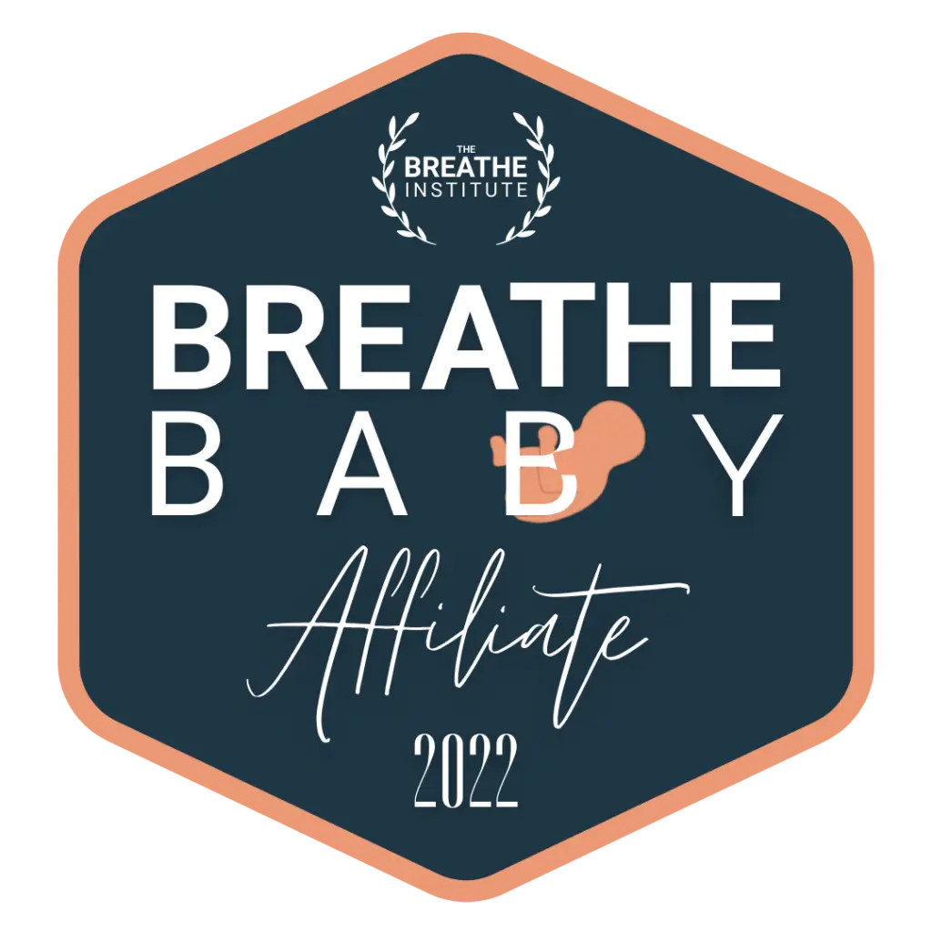 Badge-shaped seal with peach border on dark teal, reading 'BREATHE BABY Affiliate 2022' with a small logo and cursive 'Affiliate' text.