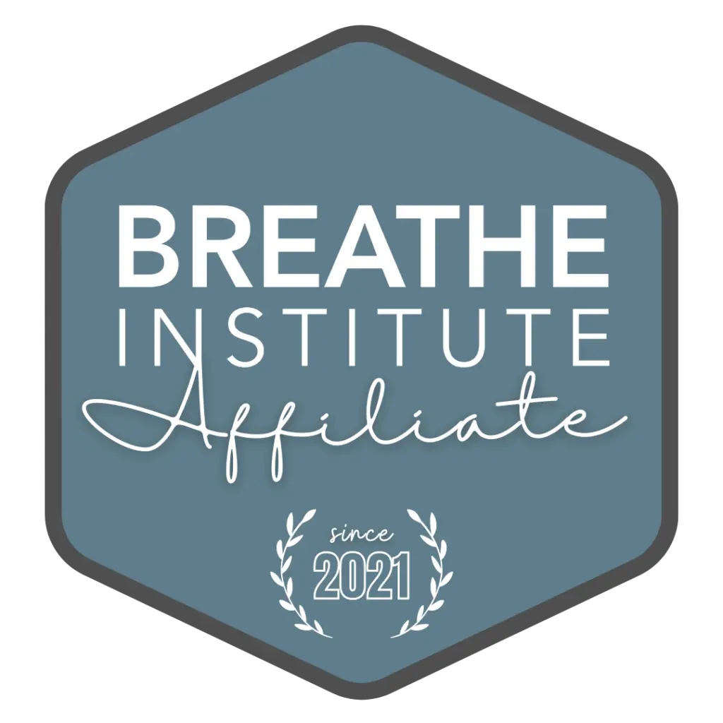 Blue hexagonal badge with rounded corners saying 'BREATHE INSTITUTE Affiliate' and 'since 2021' with a laurel wreath design.